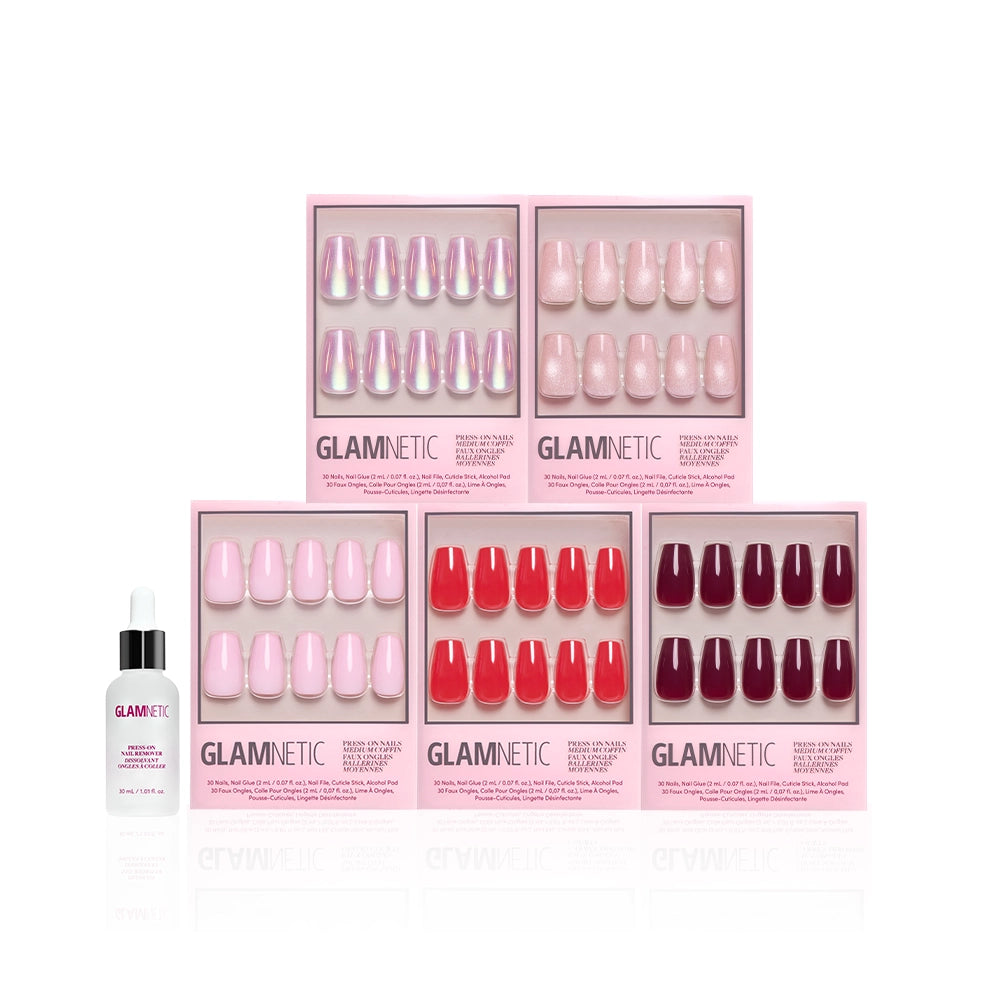 Six boxes of glamnetic's The Medium Coffin Edit press-on nails in pink, red, and burgundy are arranged in two rows, with a Glamnetic nail glue in front—ideal for achieving salon-quality sculpted nails at home. - Product image