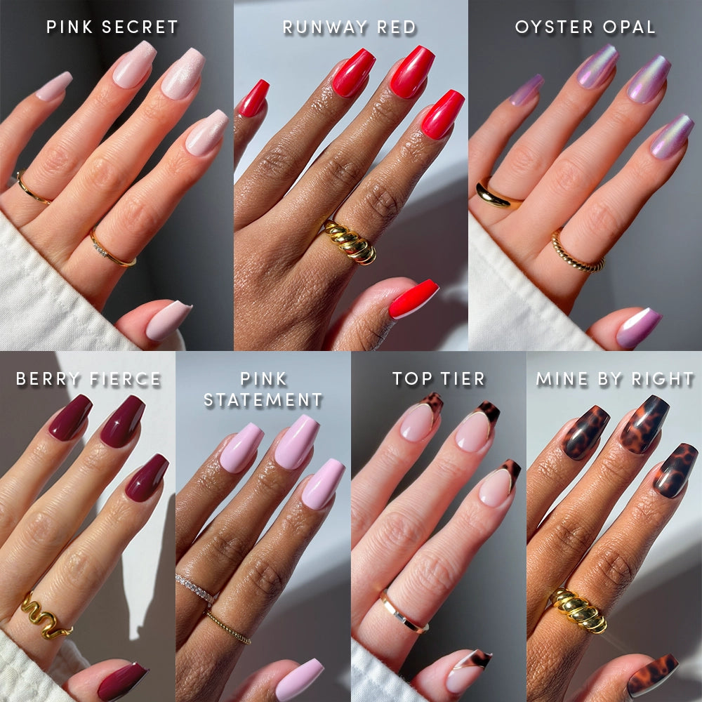 Eight manicured hands flaunt diverse colors and styles from glamnetic’s The Medium Coffin Edit, including Pink Secret, Runway Red, Oyster Opal, Berry Fierce, Pink Statement, Top Tier, and Mine by Right.