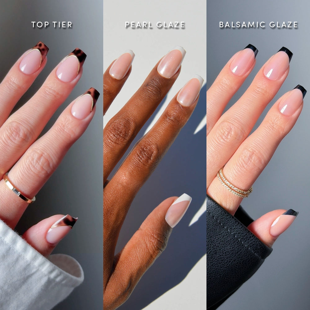 Three hands flaunt French tip nails: left with The Medium Coffin Frenchies by glamnetic, middle with pearly white tips (Pearl Glaze), and right with glossy black press-ons (Balsamic Glaze).