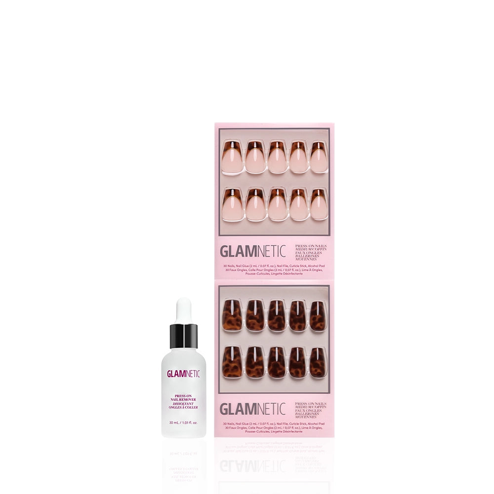A bottle of glamnetic cuticle oil with a dropper stands before two boxes of glamnetic’s The Medium Coffin Tortoiseshell Duo press-on nails, featuring pink and tortoiseshell designs, all set against a crisp white background. - Product image