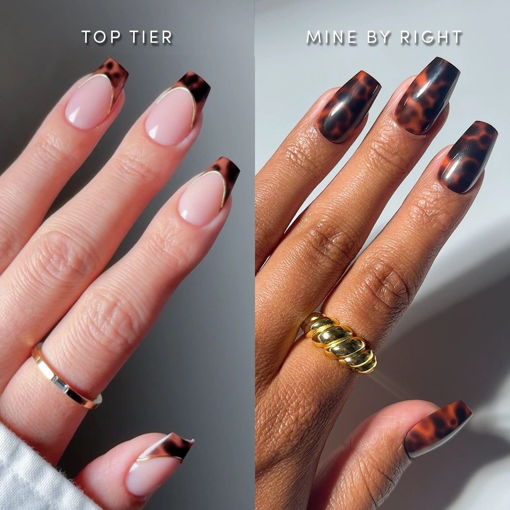 Split image featuring The Medium Coffin Tortoiseshell Duo by glamnetic: left shows nude base nails with tortoiseshell tips and gold accents, right displays full tortoiseshell medium coffin nails styled with gold rings. - Product image