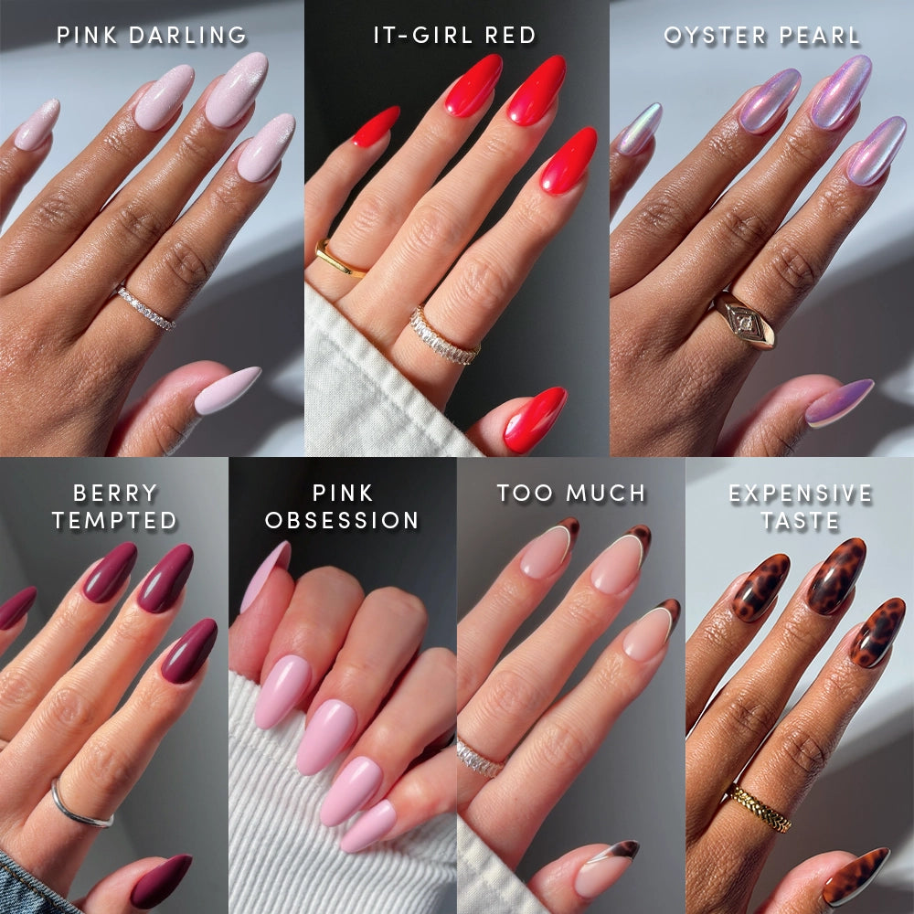 A collage of eight manicured hands flaunts glamnetic’s The Medium Oval Edit—press-on nails in shades like Pink Darling and It-Girl Red, offering a nail set for every style and mood.