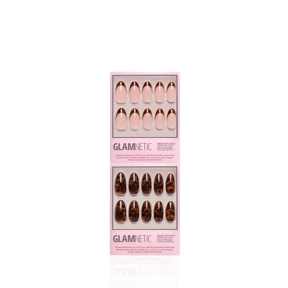 The glamnetic Medium Oval Tortoiseshell Duo features two sets of press-on nails: one in light pink and the other in trendy tortoiseshell, each displayed in rectangular boxes on a white background. - Product image