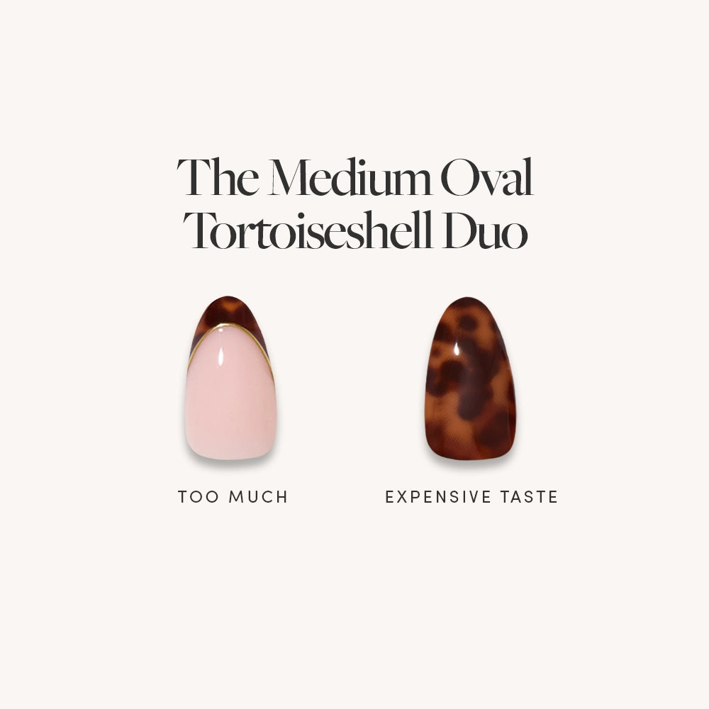 Two oval glamnetic press-on nails: one in pale pink with a dark brown tortoiseshell tip (Too Much), and one fully tortoiseshell patterned (Expensive Taste). Text above: The Medium Oval Tortoiseshell Duo. - Product image
