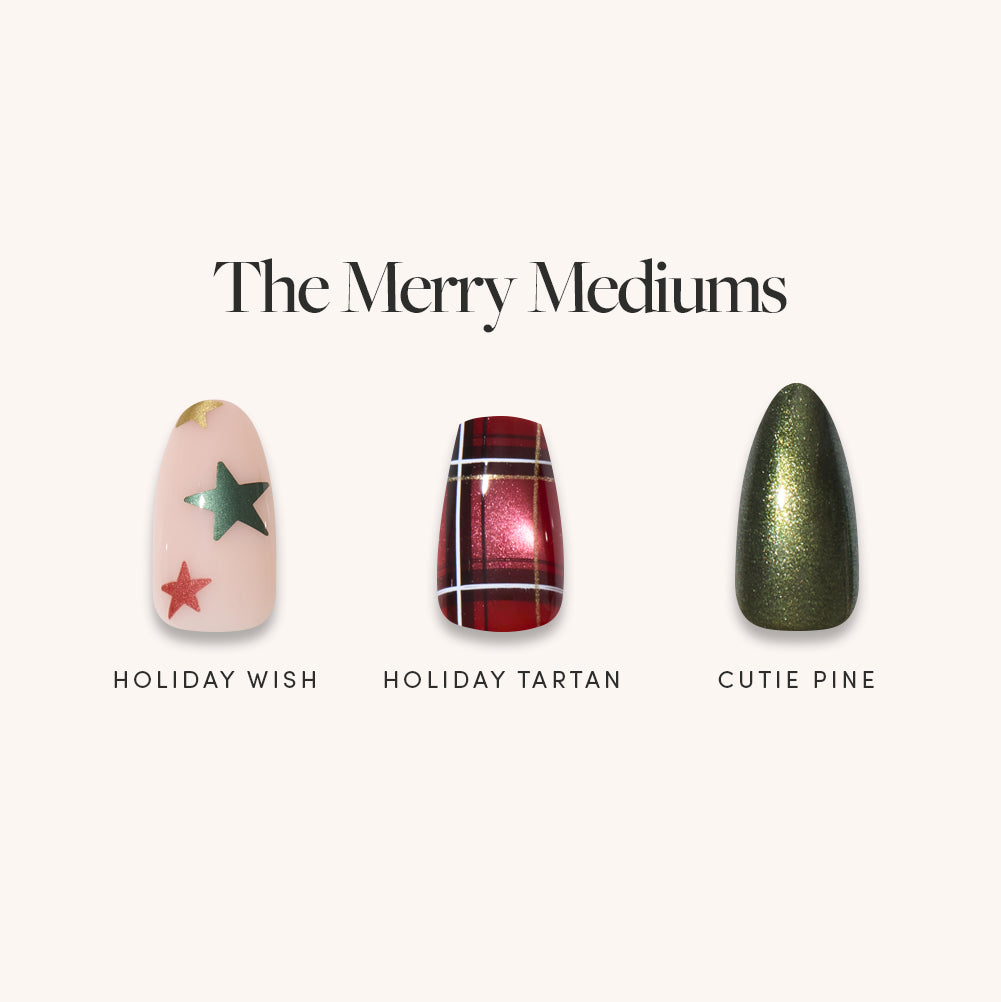 The Merry Mediums - Glamnetic The Merry Mediums press-on nails featuring three designs: a nude nail with red and green stars, a red and black plaid nail, and a shimmering dark green nail.