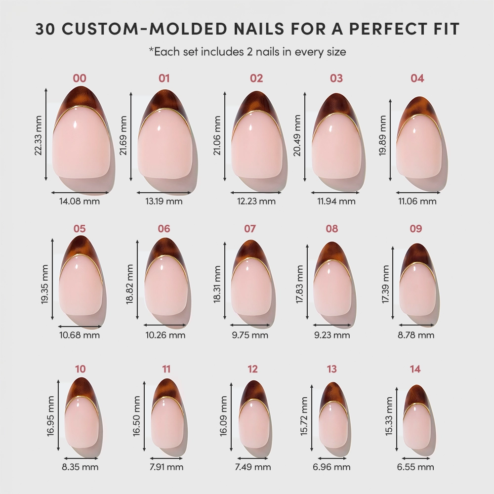 A chart shows "The Original" by glamnetic: 15 custom-molded press-on nail sizes, labeled 00–14, with length and width in millimeters. Each set includes 2 nails per size. - Product image