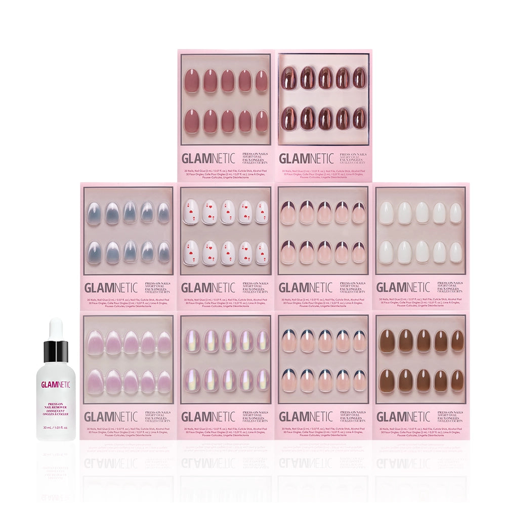 A display of glamnetic's The Oval Vault, featuring ten press-on nail sets in a pyramid, with a glamnetic nail serum bottle placed in front on the left. - Product image