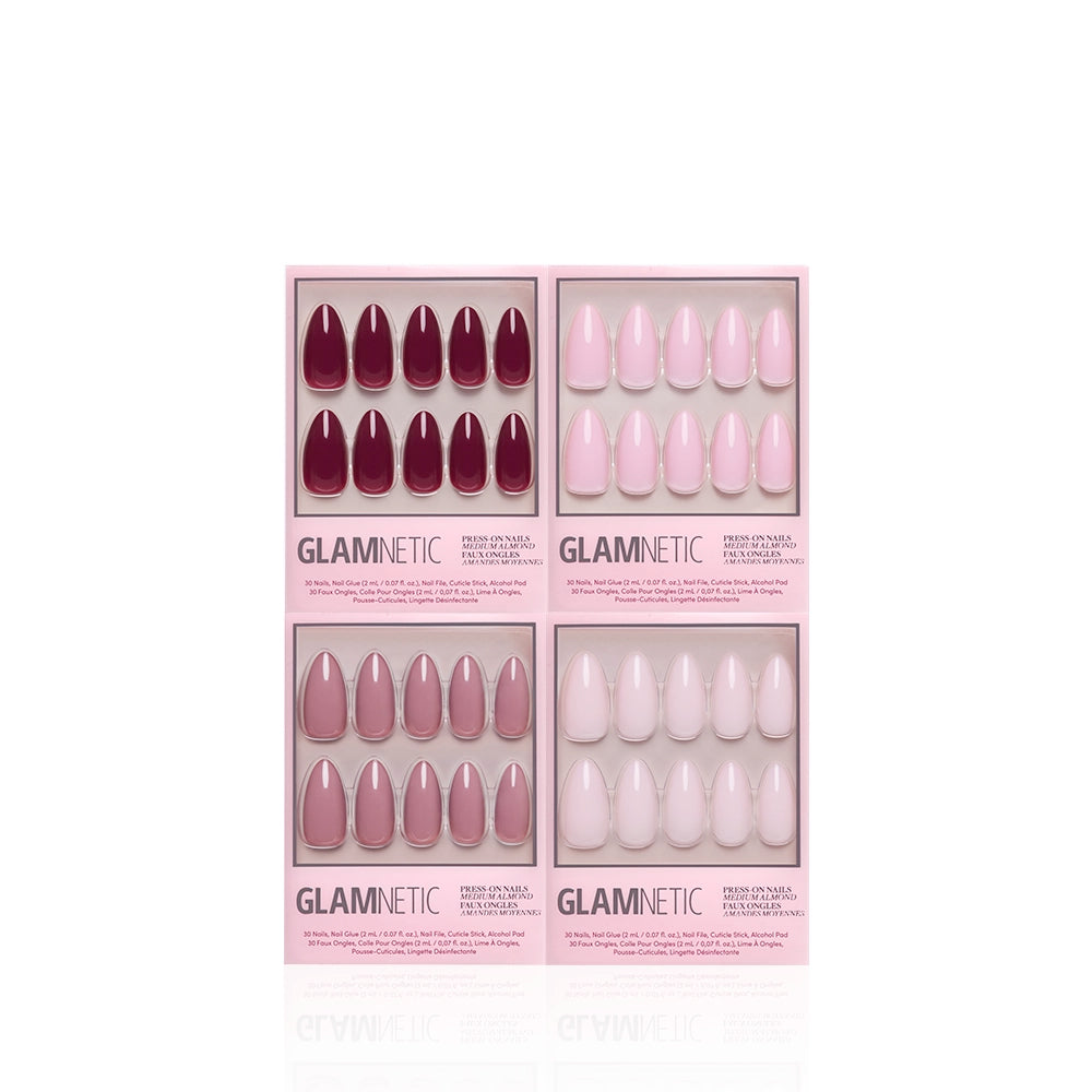 Four boxes of glamnetic's The Pink Medium Almond Icons press-ons, each with glossy pink or burgundy nails, are arranged from darkest to lightest in a 2x2 grid on a white background. - Product image