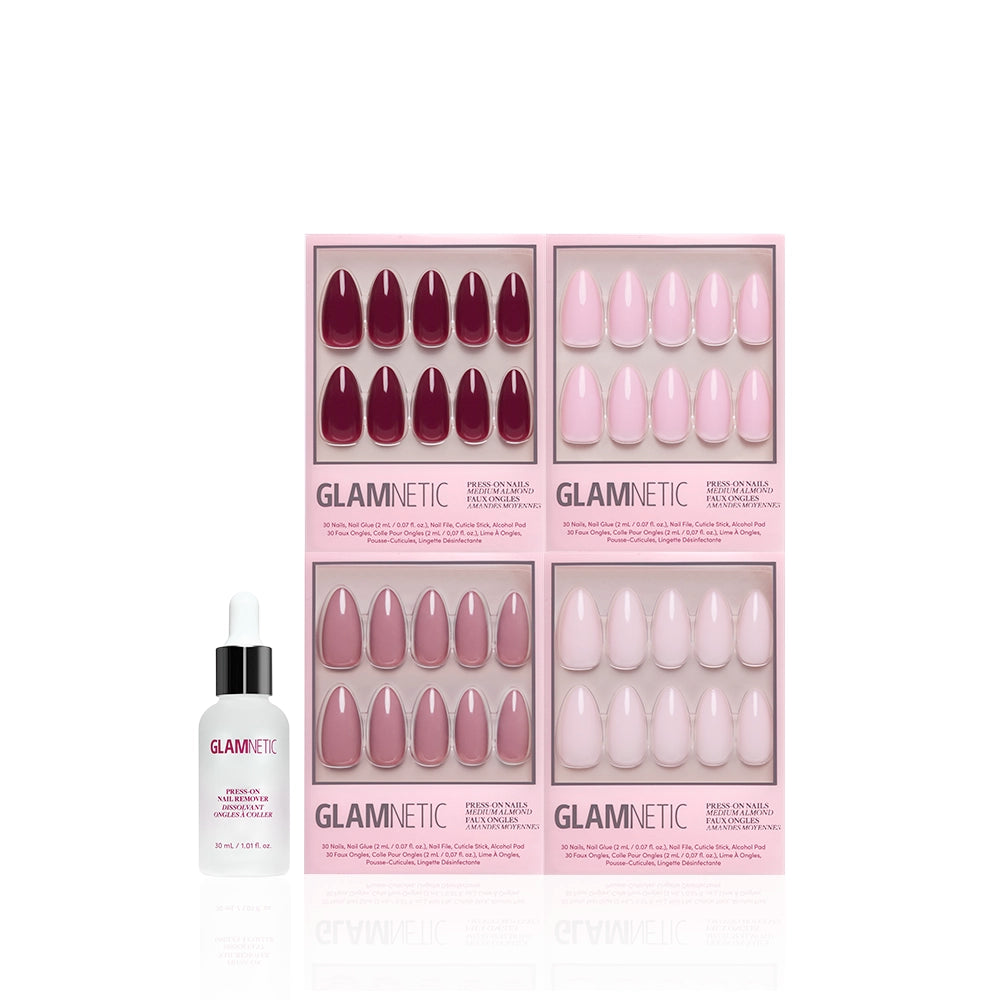 A set of four boxes of glamnetic's The Pink Medium Almond Icons glossy pink and burgundy press-on nails arranged in a grid, with a dropper bottle of glamnetic nail glue in front, all on a white background. - Product image