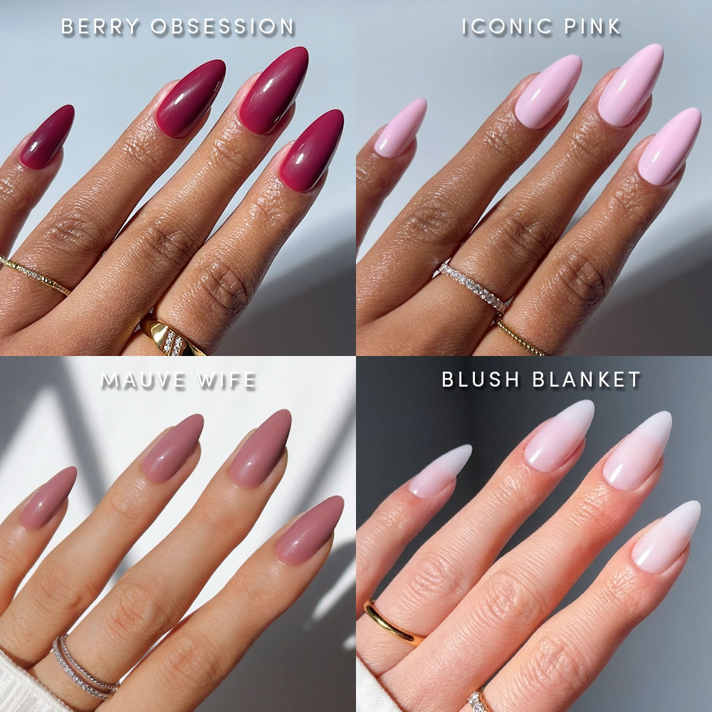 Four close-up shots of manicured hands show The Pink Medium Almond Icons by glamnetic, each set in a different glossy shade—dark berry, light pink, mauve, and pale blush—with nails labeled by color name.