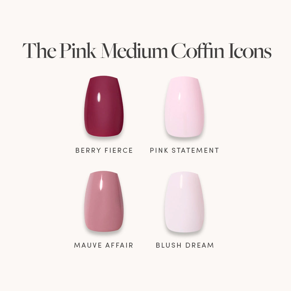 The Pink Medium Coffin Icons by glamnetic: four glossy pink press-ons (Berry Fierce, Pink Statement, Mauve Affair, Blush Dream) in medium coffin shape on a cream background, each color labeled below.