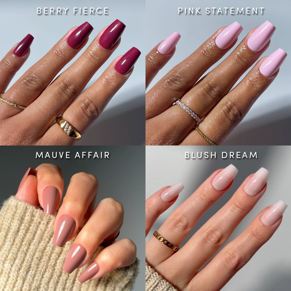 Four close-up shots of manicured hands in pink, mauve, blush nude, and berry red shades, each with gold rings. Above each medium coffin look is a label for The Pink Medium Coffin Icons by glamnetic—glossy press-ons for a flawless finish.