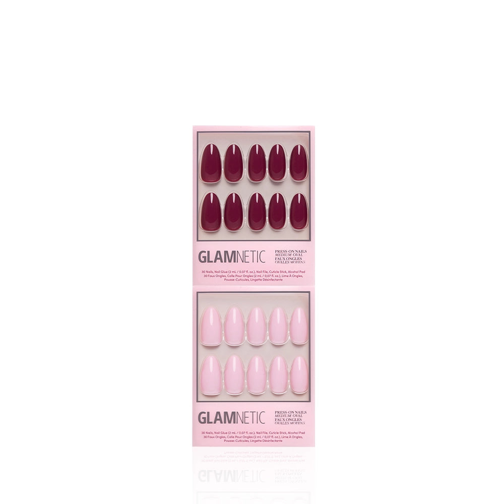Two boxes of glamnetic press-on nails are shown. The top box features dark red nails, while the bottom displays The Pink Medium Oval Icons set: 10 glossy pink medium oval press-ons in varying sizes. - Product image