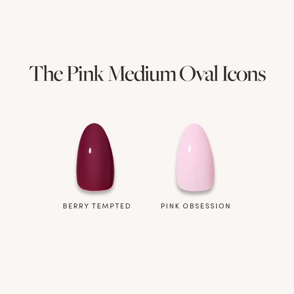 The Pink Medium Oval Icons by glamnetic features glossy pink medium oval nails, including shades Berry Tempted (deep berry red) and Pink Obsession (light pink), perfect for standout manicures on a light background. - Product image
