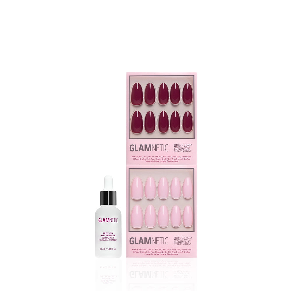 Two boxes of glamnetic The Pink Medium Oval Icons, shown in deep burgundy and glossy pink, are displayed above a glamnetic nail glue bottle with a dropper, all set against a white background. - Product image