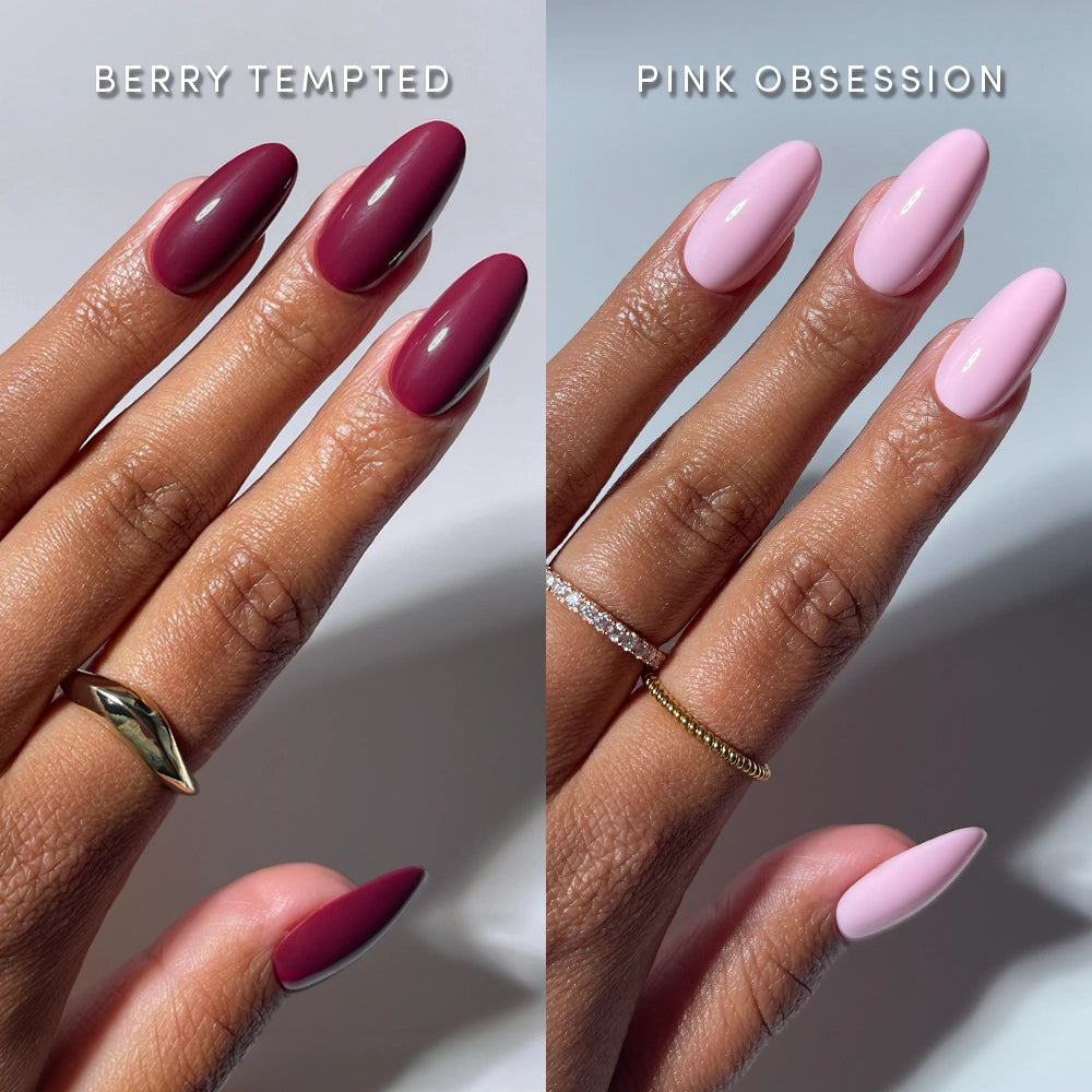 Split image of two manicured hands. Left shows long almond nails in dark berry, labeled Berry Tempted. Right features glossy pink medium ovals wearing glamnetic's The Pink Medium Oval Icons. - Product image