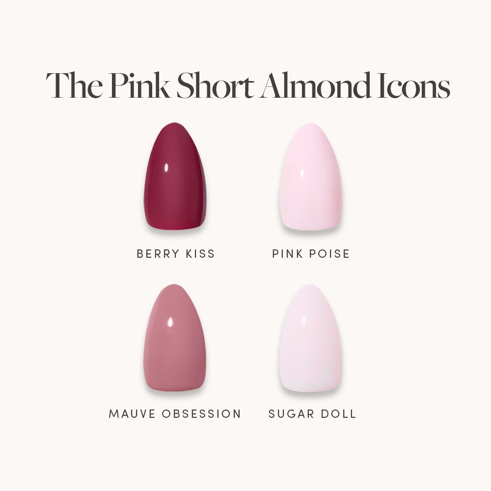 The Pink Short Almond Icons by glamnetic features four glossy press-ons—Berry Kiss (deep pink), Pink Poise (pale pink), Mauve Obsession (mauve pink), and Sugar Doll (very light pink)—all in chic short almond shapes on a light background.