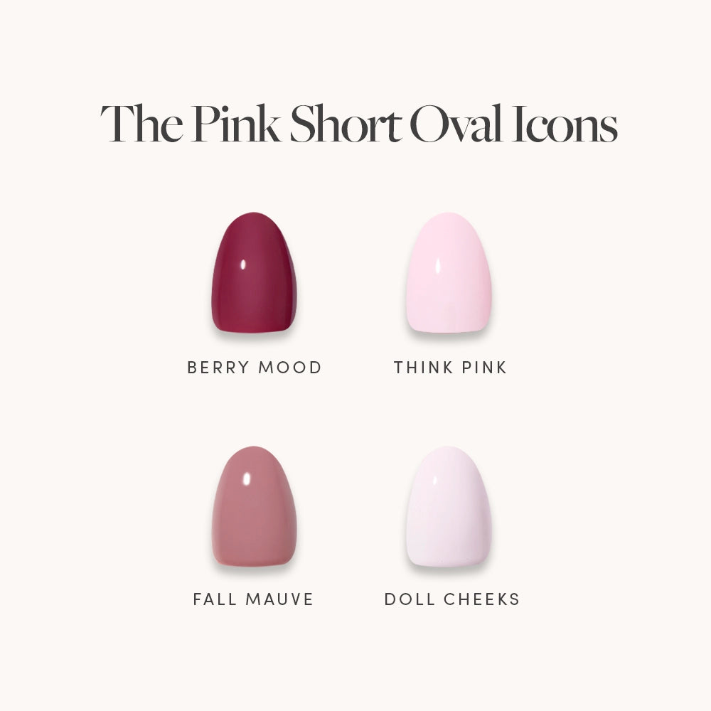 Four short oval nail polish swatches labeled Berry Mood, Think Pink, Fall Mauve, and Doll Cheeks by glamnetic. The Pink Short Oval Icons—get perfect glossy pink nails with easy-to-wear short oval press-ons.
