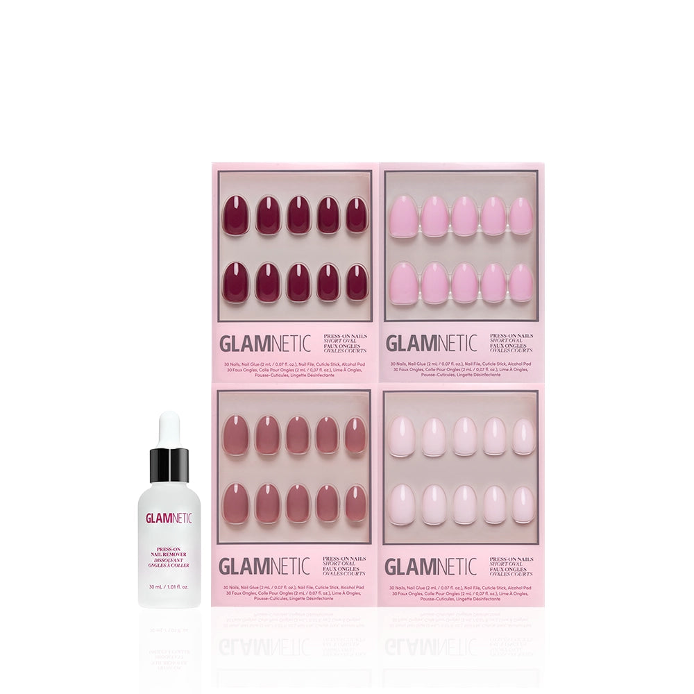A set of glamnetic The Pink Short Oval Icons (four pink press-on nails) and a bottle of glamnetic cuticle oil with a dropper, displayed together on a white background. - Product image