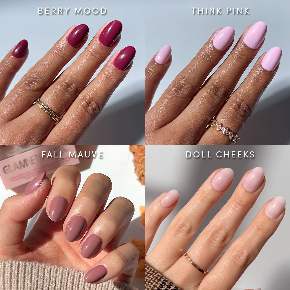 A collage features The Pink Short Oval Icons by glamnetic, showing manicured short oval nails in Berry Mood (dark berry red), Think Pink (light pink), Fall Mauve (mauve), and Doll Cheeks (nude pink).
