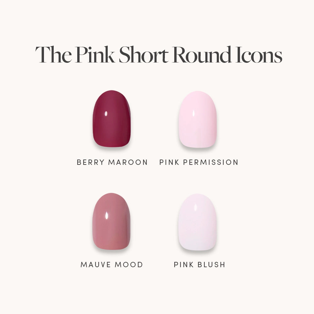 The Pink Short Round Icons by glamnetic features four glossy pink shades—berry maroon, pink permission, mauve mood, and pink blush—shown on short round nails for a stylish, polished look.