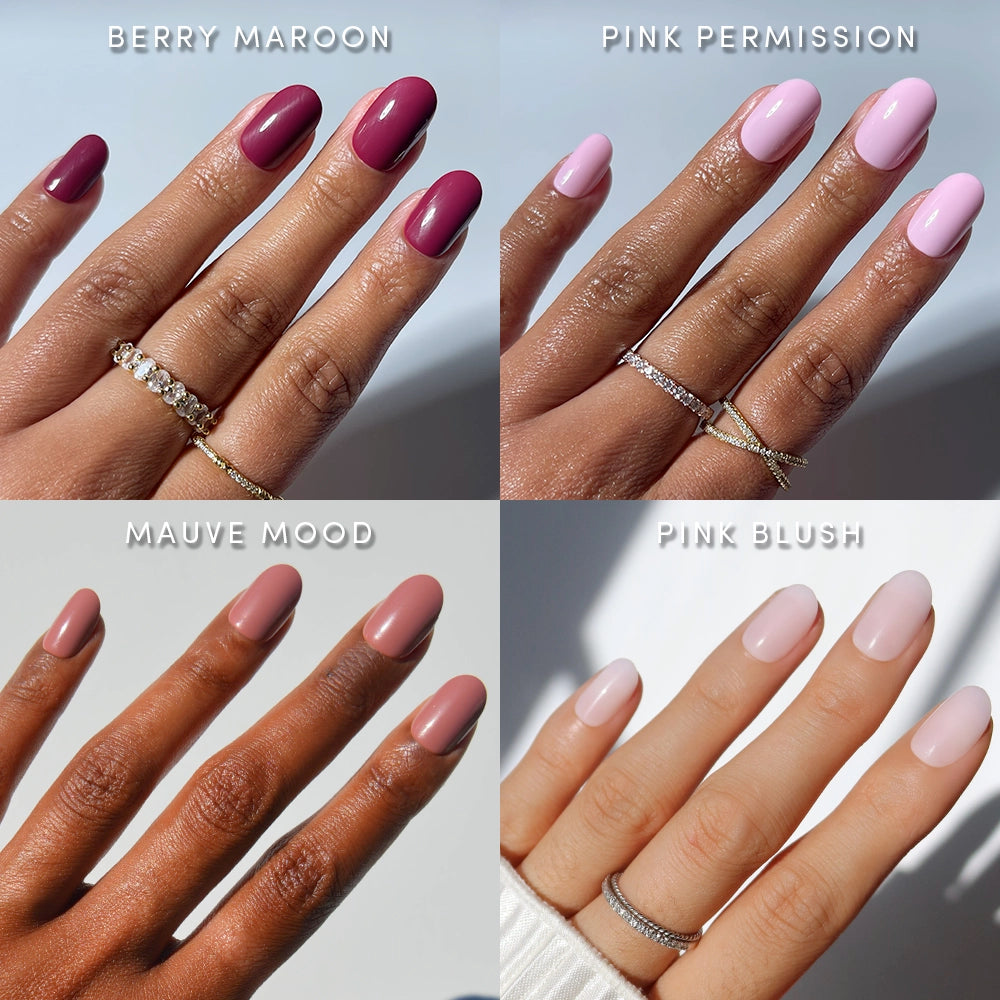Four close-ups of manicured hands display glossy short round nails in berry maroon, light pink, mauve, and pale blush using glamnetic’s The Pink Short Round Icons. Each hand wears rings and each nail color is labeled in the top corner.