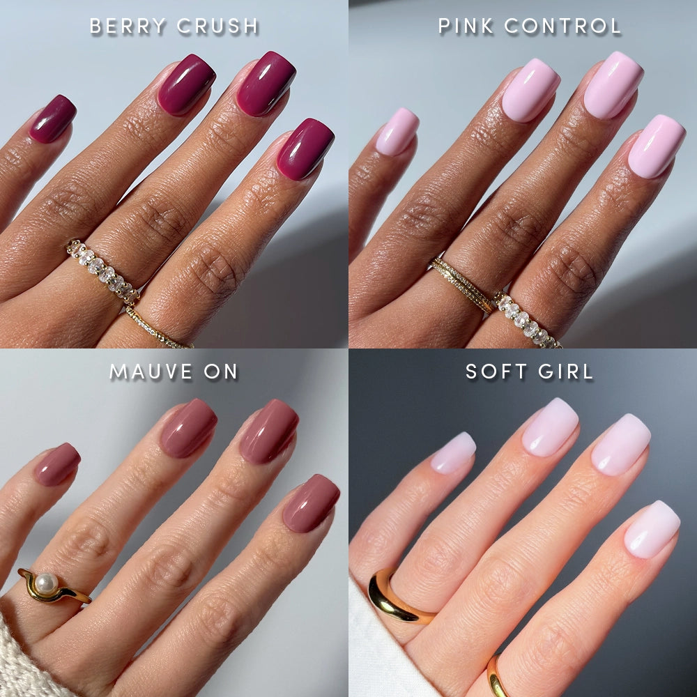 A collage showcases four manicured hands with short squoval nails in dark berry, light pink, mauve, and glossy pink shades from glamnetic's The Pink Short Squoval Icons. Each hand wears gold rings and is labeled with the nail color’s name.