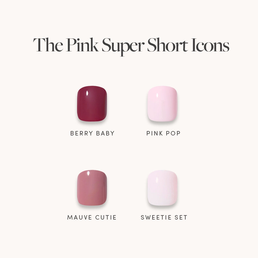 Four glossy pink glamnetic nails—Berry Baby (dark pink), Pink Pop (light pink), Mauve Cutie, and Sweetie Set—are displayed on a light background. Text: “The Pink Super Short Icons”—a must-have super short nail set from glamnetic!. - Product image