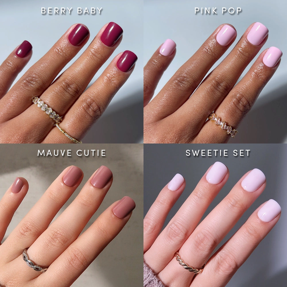 A collage of four hands with manicured nails in glamnetic’s The Pink Super Short Icons—Berry Baby (dark berry), Pink Pop (bright glossy pink), Mauve Cutie (mauve), and Sweetie Set (pale pink). Each hand features a ring. - Product image