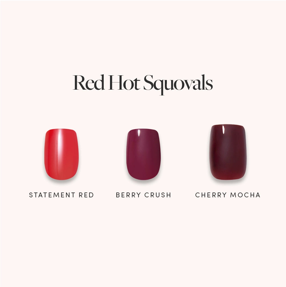 Introducing Red Hot Squovals by glamnetic—three striking press-on nails in bold shades: Statement Red, Berry Crush, and Cherry Mocha. Perfect for those who love short squoval nails and vibrant red tones.