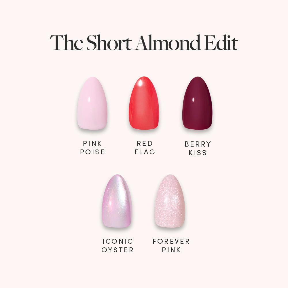 The Short Almond Edit by glamnetic features five short almond press-on nails in Pink Poise, Red Flag, Berry Kiss, Iconic Oyster, and Forever Pink for an easy, chic manicure in a variety of colors.