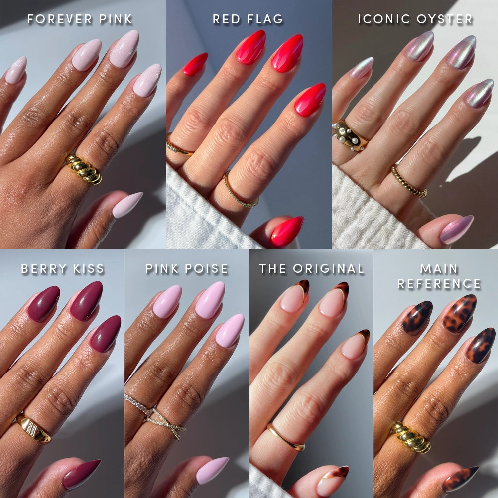 A collage of manicured hands displays glamnetic’s The Short Almond Edit, an eight-piece manicure bundle with diverse nail designs—vibrant pinks, reds, metallics, and animal prints—all uniquely named.