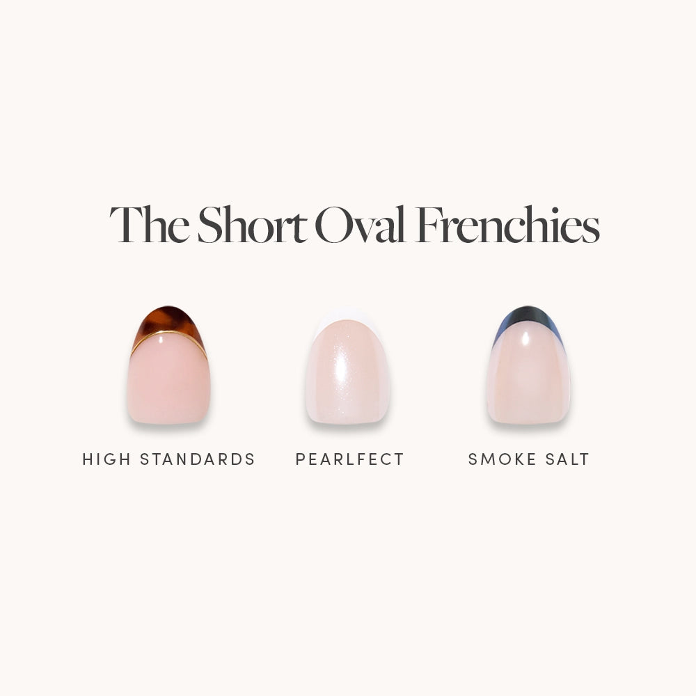 The glamnetic Short Oval Frenchies include three stylish press-on nails: High Standards (brown French tip), Pearlfect (pearly white), and Smoke Salt (dark blue French tip)—perfect for fans of chic French tips.