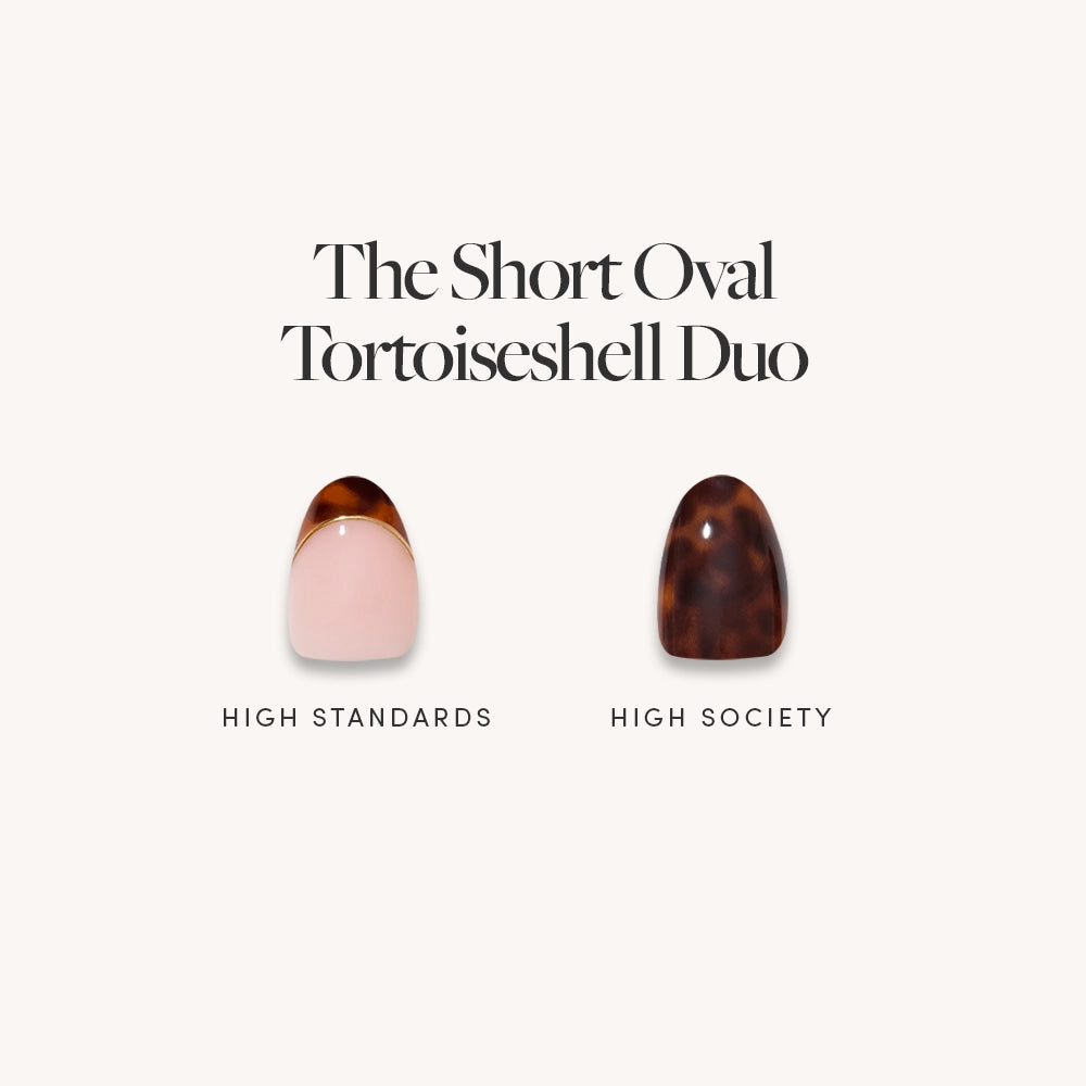 The Short Oval Tortoiseshell Duo by glamnetic features two press-on nails: High Standards has a light pink base with a brown tortoiseshell French tip, while High Society is fully dark tortoiseshell.