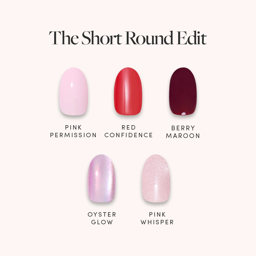 Five glamnetic nail polish samples—Pink Permission, Red Confidence, Berry Maroon, Oyster Glow, and Pink Whisper. Try The Short Round Edit for glossy pink nails or to pair with your favorite short round nail set.