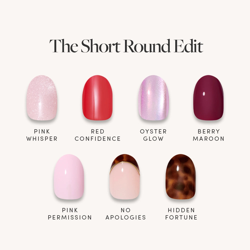 The Short Round Edit by glamnetic showcases six stylish, short, rounded press-on nails in pink glitter, red, shimmery lilac, deep maroon, light pink nude with brown tip, and tortoiseshell—your perfect mani wardrobe.
