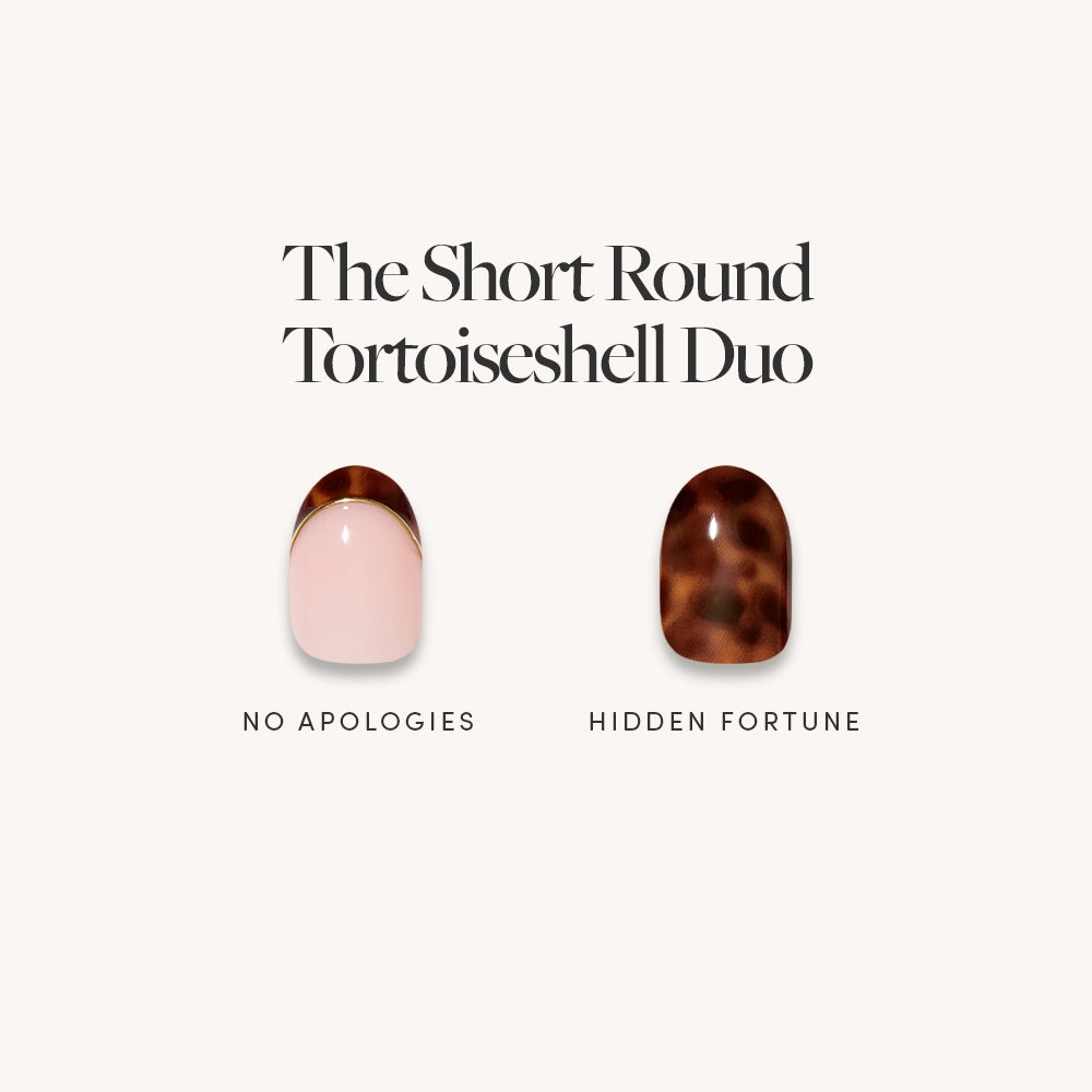 Two short round press-on nails from glamnetic’s The Short Round Tortoiseshell Duo are shown: “No Apologies” is pale pink with a tortoiseshell tip, and “Hidden Fortune” features an all-over tortoiseshell pattern.