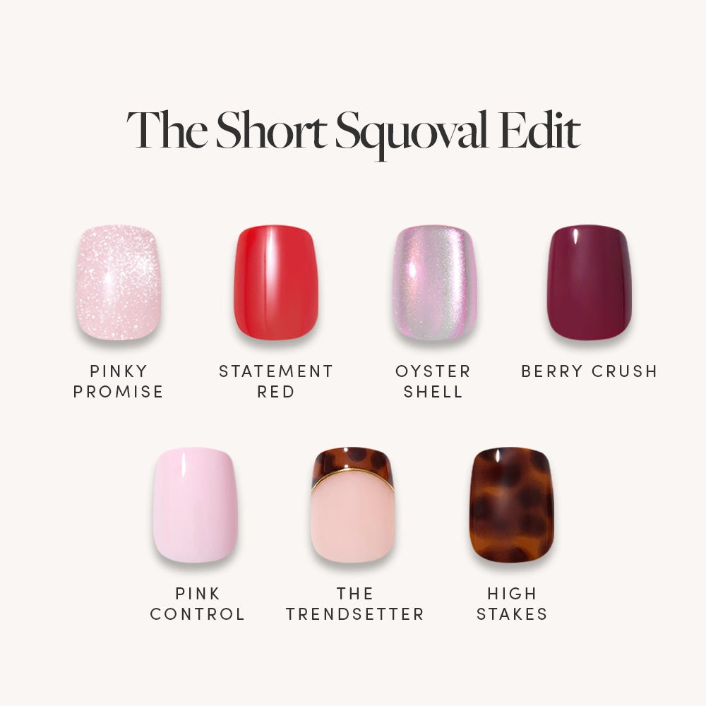 The Short Squoval Edit by glamnetic features seven press-on nails in shades like glittery pink, bright red, deep berry, nude with gold tip, and tortoiseshell brown—each labeled. Perfect for your next nail bundle!.
