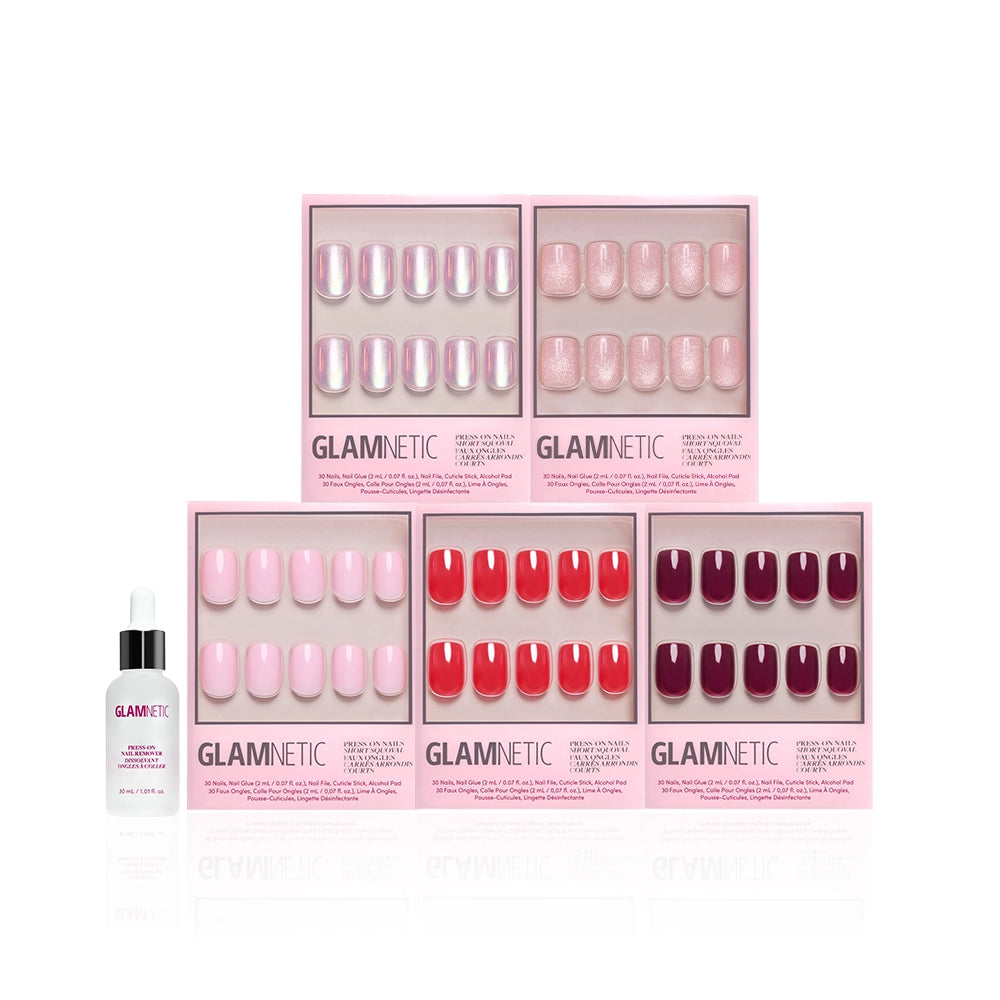 The Short Squoval Edit by Glamnetic features six press-on nail sets in pink, red, and purple hues with a brush-on nail glue—an ideal kit to expand your mani wardrobe. - Product image