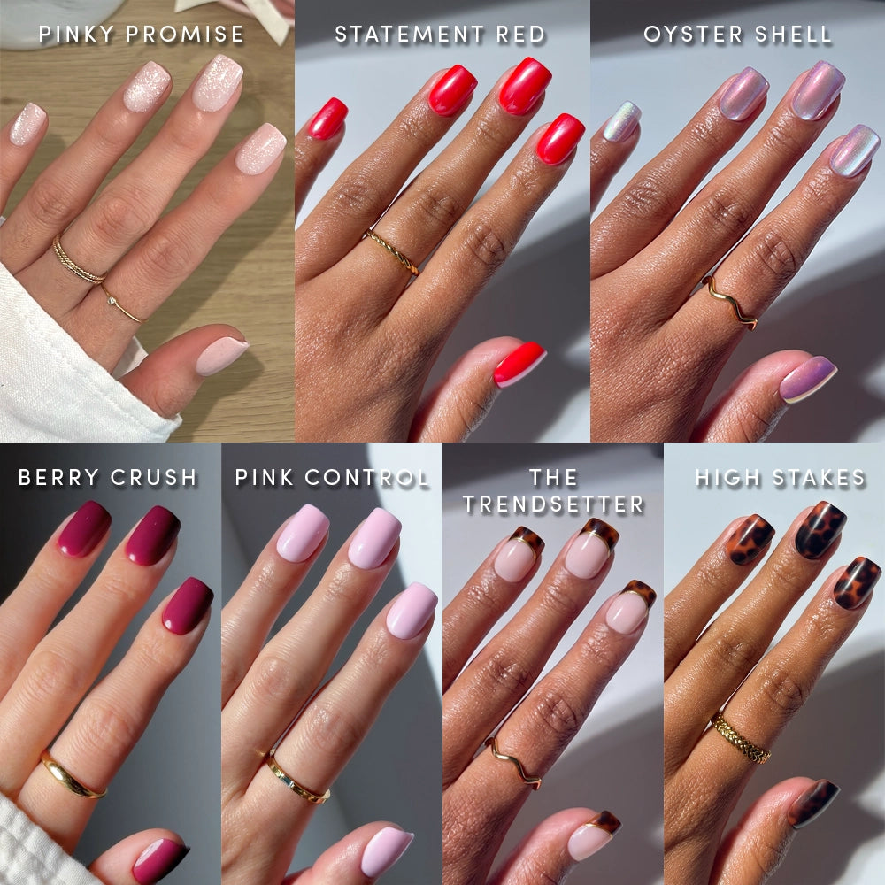 A collage showcases eight manicured hands wearing glamnetic’s The Short Squoval Edit bundle, featuring pink glitter, bright red, pearl, berry ombre, pale pink, nude, tortoiseshell, and black-brown ombre—each style clearly labeled.