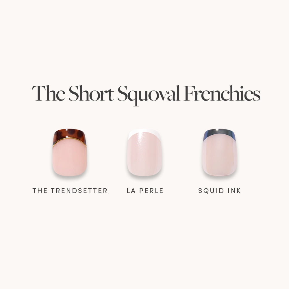 The Short Squoval Frenchies by glamnetic feature three chic press-on nails: The Trendsetter (brown tip), La Perle (pearly finish), and Squid Ink (dark navy)—modern French tips for stylish, easy-to-wear nails.