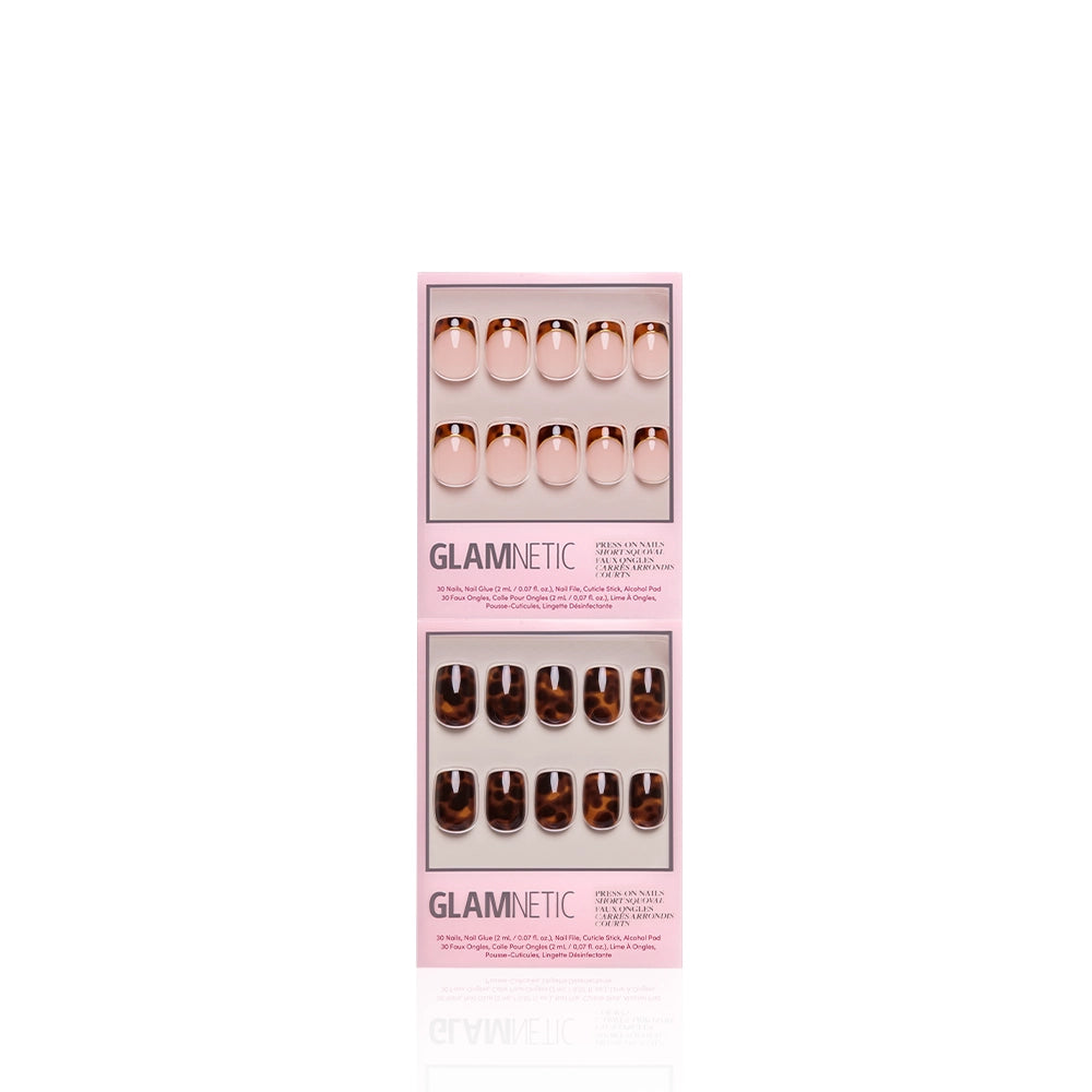 The Short Squoval Tortoiseshell Duo by glamnetic includes nude and pink short squoval nails plus chic brown tortoiseshell nails, both in stylish pink packaging. - Product image