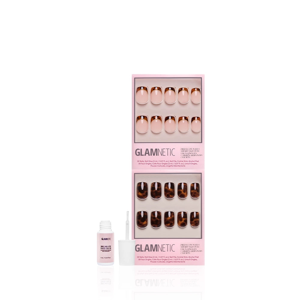 The Short Squoval Tortoiseshell Duo by glamnetic features two sets of press-on nails in pink and tortoiseshell designs, displayed in pink glamnetic packaging with an open nail glue and applicator brush on a white background. - Product image
