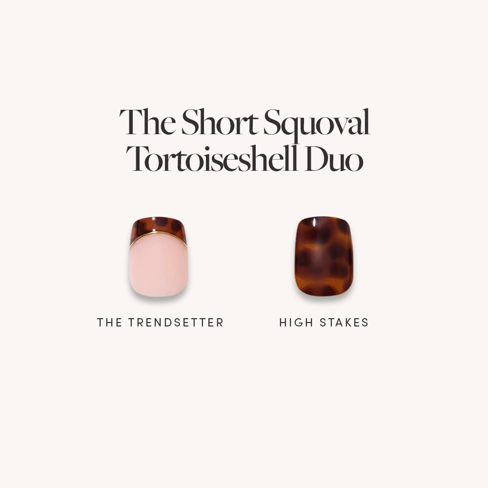 Two artificial tortoiseshell nails by glamnetic are shown: one in pink with a brown tortoiseshell tip (The Trendsetter) and one fully brown tortoiseshell (High Stakes). Text above: The Short Squoval Tortoiseshell Duo.