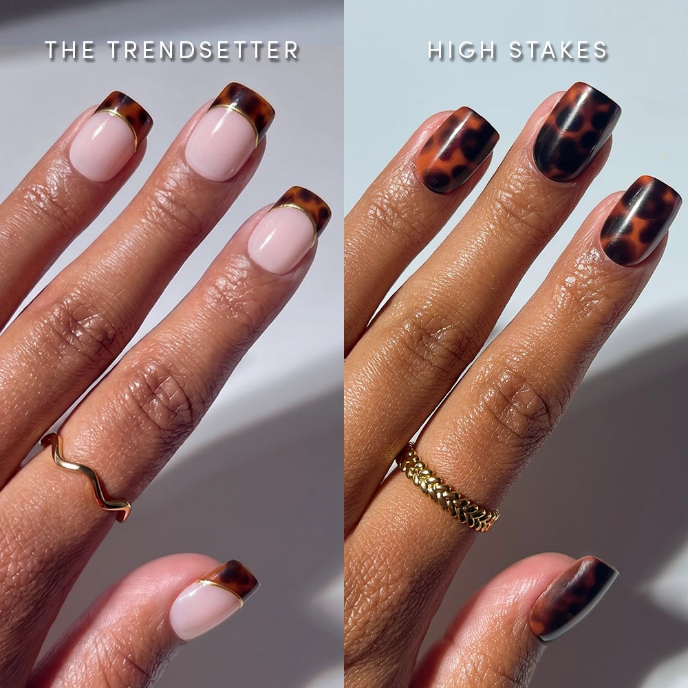 Two hands with short squoval nails are shown side by side. One has clear nails with tortoiseshell tips and gold outline, the other features full tortoiseshell press-ons. Both wear gold rings. Text: glamnetic The Short Squoval Tortoiseshell Duo.
