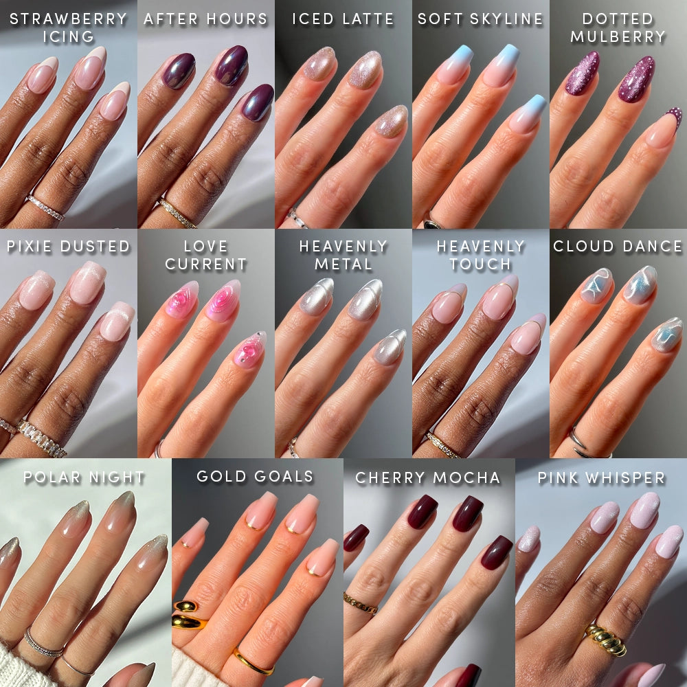 A 16-panel collage showing manicured fingernails with different color and pattern options, labeled with names such as Strawberry Icing, After Hours, Iced Latte, Soft Skyline, Dotted Mulberry, Pixie Dusted, Love Current, Heavenly Metal, Heavenly Touch, Cloud Dance, Polar Night, Gold Goals, Cherry Mocha, and Pink Whisper. - Product image