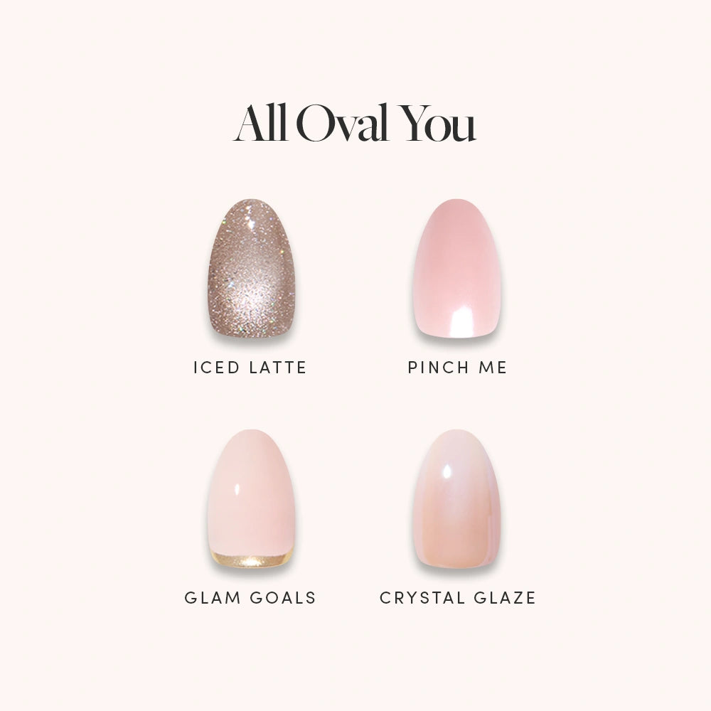 Four oval nail swatches on a light cream background under the text 'All Oval You'. The shades are labeled 'ICED LATTE', 'PINCH ME', 'GLAM GOALS', and 'CRYSTAL GLAZE'. - Product image