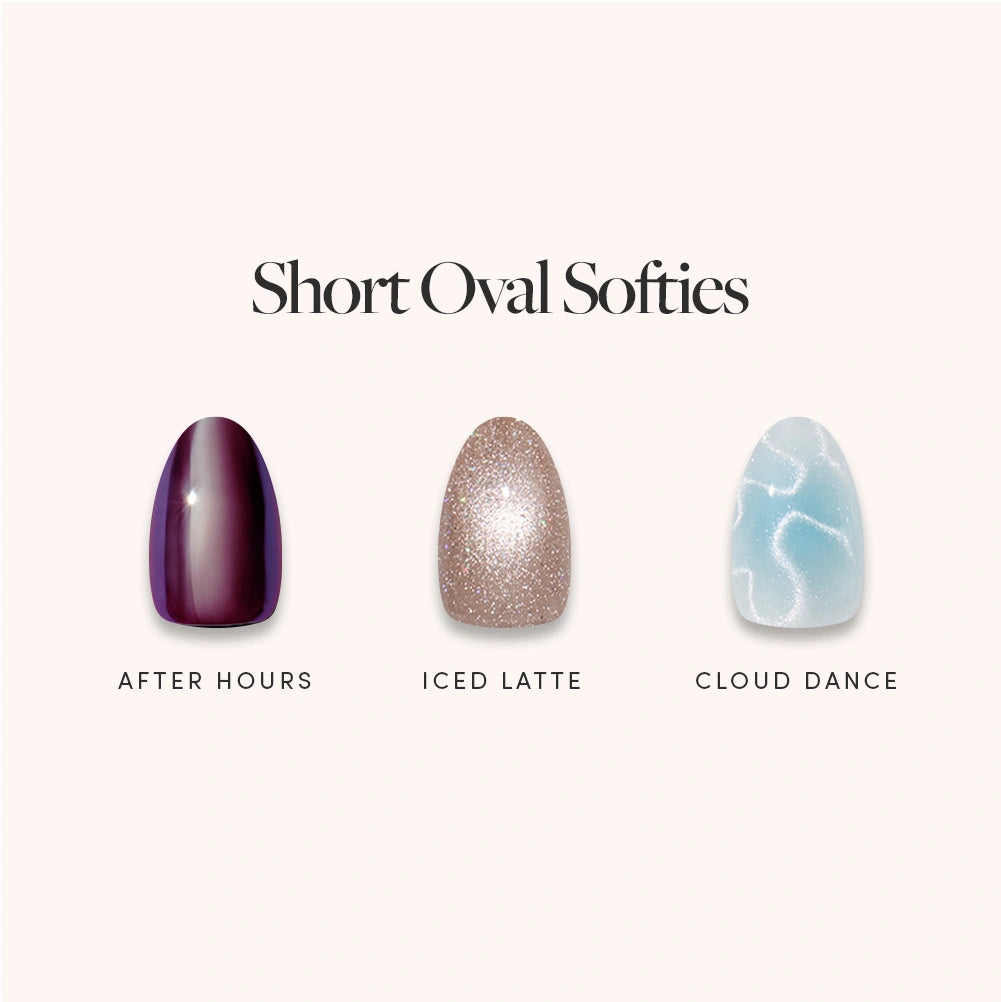 Three oval nail swatches on a light beige background under the text 'Short Oval Softies.' The swatches show three colorways labeled 'AFTER HOURS,' 'ICED LATTE,' and 'CLOUD DANCE. - Product image