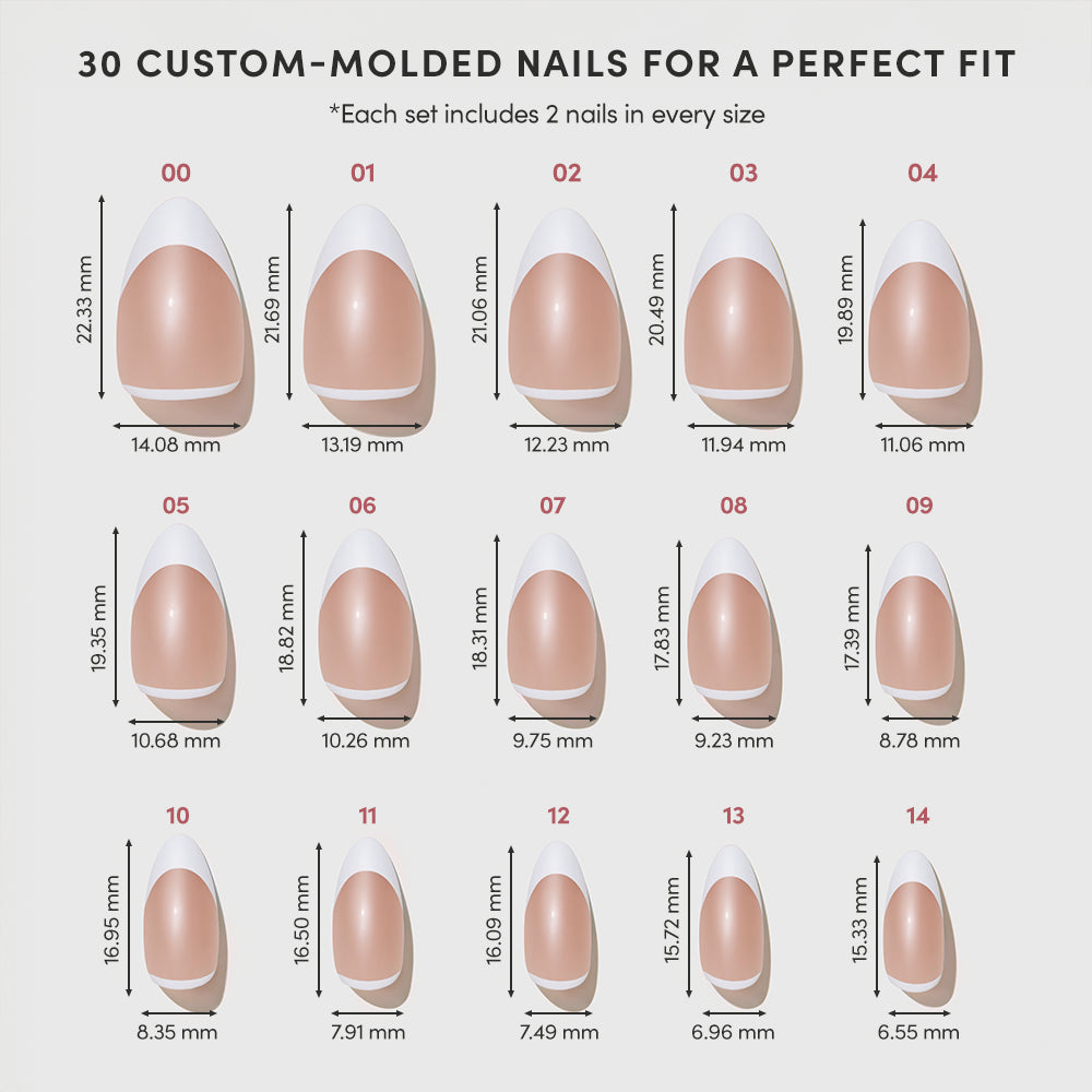 Chart displaying 14 custom-molded sizes of glamnetic’s Class Act French tip press-on nails, each numbered with precise length and width measurements in millimeters for a flawless vegan manicure fit. - Product image
