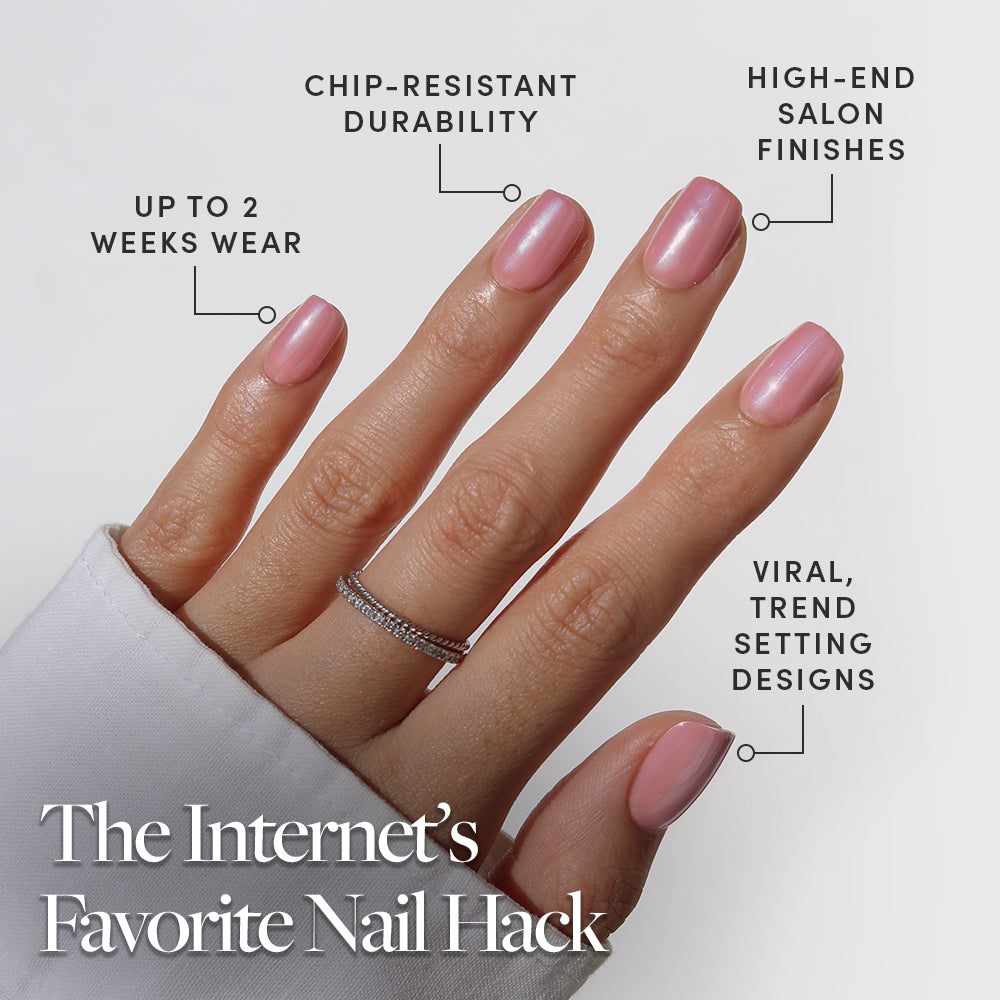 A hand with neatly manicured, glossy mauve pink "Mauve On Up" nails by glamnetic is shown, wearing a silver ring. Text highlights up to 2 weeks wear, chip-resistant durability, high-end salon finish, and viral trend-setting design. - Product image